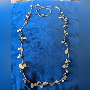 J.crew long beaded necklace, gold tone, pearls and black with rhinestones